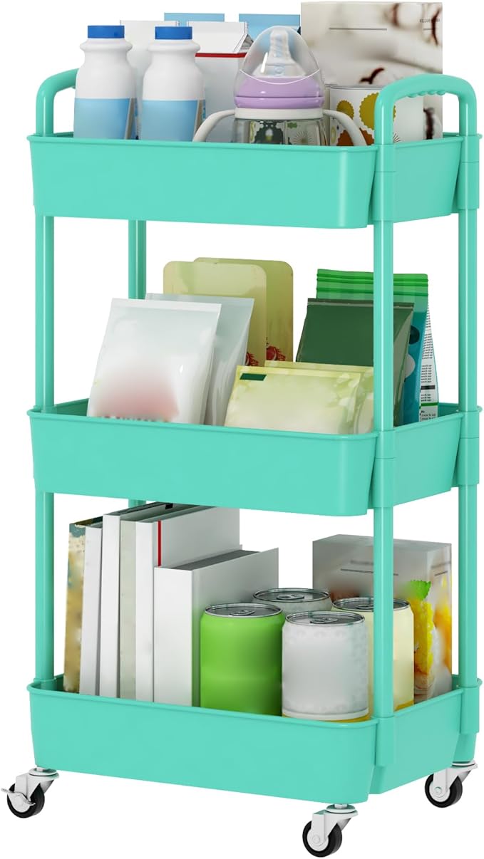 Sywhitta 3-Tier Plastic Rolling Utility Cart with Handle, Multi-Functional Storage Trolley for Office, Living Room, Kitchen, Movable Storage Organizer with Wheels, Green