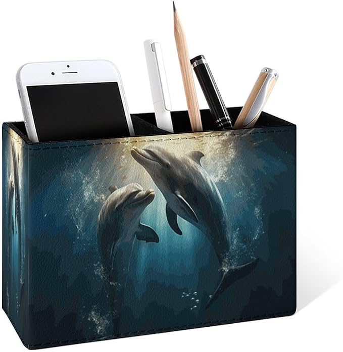 Famame Couple Dolphins Underwater Pencil Holder for Desk, Leather Desktop Container Pen Cup Storage Study Table Pen Organizer Makeup Brush Holder for Classroom Office Home