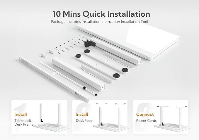 Claiks Glass Standing Desk with Drawers, 48×24 Inch Adjustable Stand Up Desk, Quick Install Home Office Computer Desk with USB Ports, White