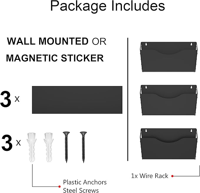 3 Pockets Magnetic File Holder for File Cabinets, Refrigerator, Whiteboard, Magnetic Paper Organizer, Magnetic Mail or Folder Holder,Magnetic Magazine Rack,Wall Mount Hanging Mail Organizer (black)
