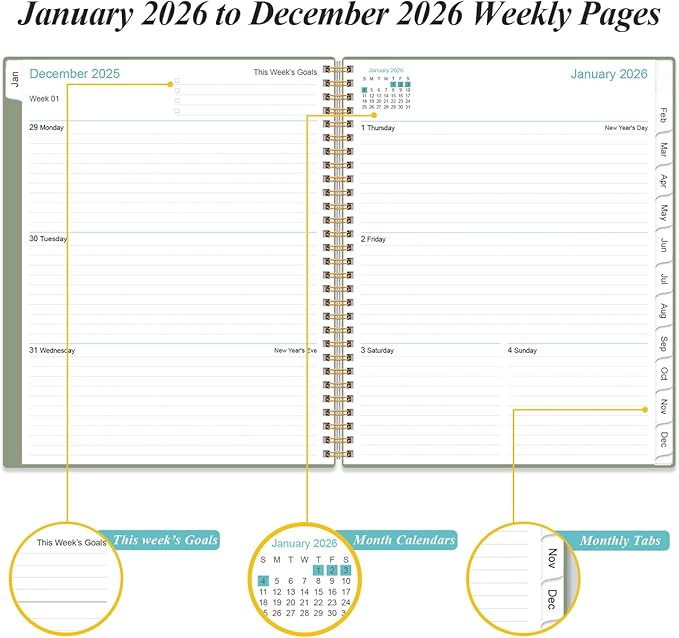 2026 Planner - Weekly Monthly Planner 2026 from January 2026 to December 2026 with 12 Monthly Tabs, Flexible Cover, Inner Pocket, 8.5" x 11", Green