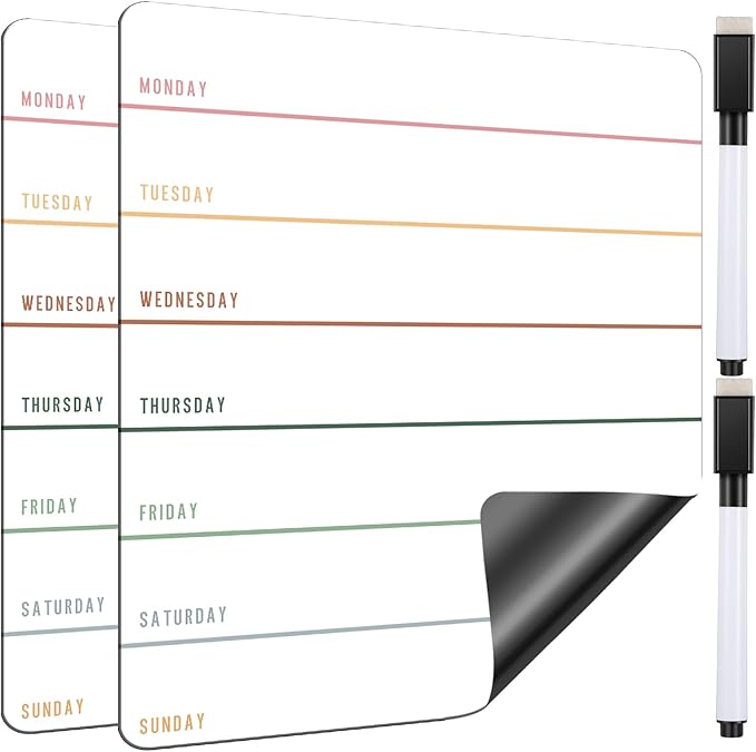 2 Pieces Magnetic Weekly Dry Erase Boards Erasable Weekly Calendars Whiteboard Planners with 2 Pieces Markers for Office, Home, School Supplies (Simple Style)