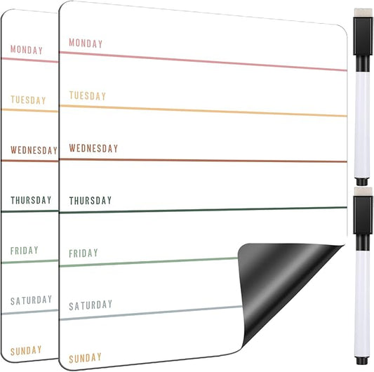 2 Pieces Magnetic Weekly Dry Erase Boards Erasable Weekly Calendars Whiteboard Planners with 2 Pieces Markers for Office, Home, School Supplies (Simple Style)