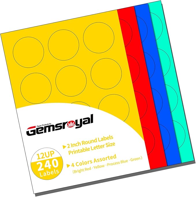Gemsroyal 2 Inch Colored Round Labels Printable,2" Color Coding Labels for Printer,2 Colorful Custom Round Stickers,4 Colors Assorted(Red,Yellow,Blue,Green),240 Neon Circle Labels in Total