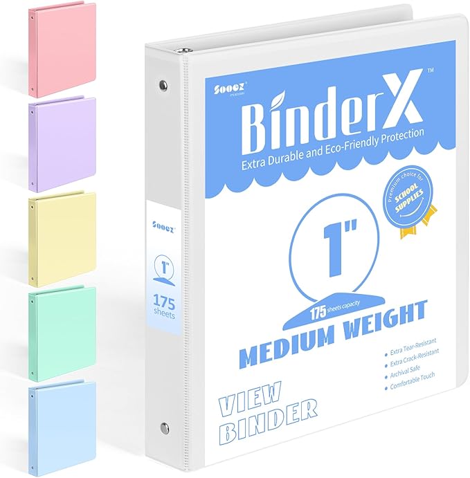BinderX Extra Durable 3 Ring Binder, Round Ring 1 Inch Binders, Fits 175 Sheets of 8.5x11 Paper, Customizable View Cover with Inside Pockets, Cute 1" Binder, School Supplies for Girls, White