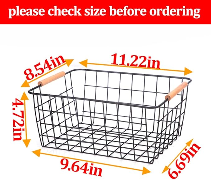HDYOUDO Metal Black Wire Basket,Food Storage Organizer with Wooden Handles, pantry organizers and storage for Kitchen shelf Cabinets potato onion, 2 Packs
