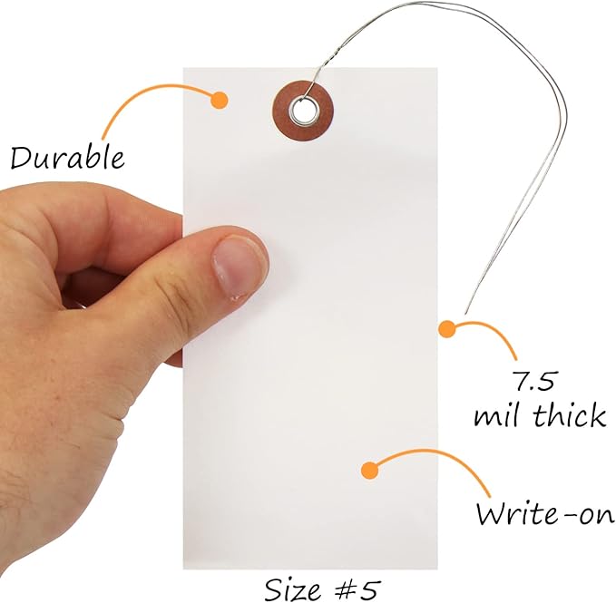 SmartSign 4.75 x 2.375 inch Blank White Shipping Tags with Wires (Size-5), Metal Eyelet, 7.5 mil HDPE Plastic, Writable, Pack of 1000