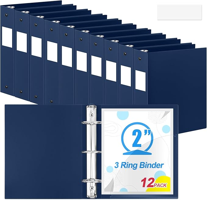 Henoyso 12 Pcs 3 Ring Binder 2 Inch Round Fits Letter Size 8.5'' x 11'' Paper Plastic Flexible Binder Bulk Holds 490 Sheets with 1 Pockets Versatile Organizer for Home Office School (Navy Blue)