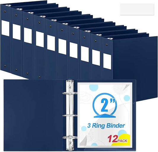 Henoyso 12 Pcs 3 Ring Binder 2 Inch Round Fits Letter Size 8.5'' x 11'' Paper Plastic Flexible Binder Bulk Holds 490 Sheets with 1 Pockets Versatile Organizer for Home Office School (Navy Blue)