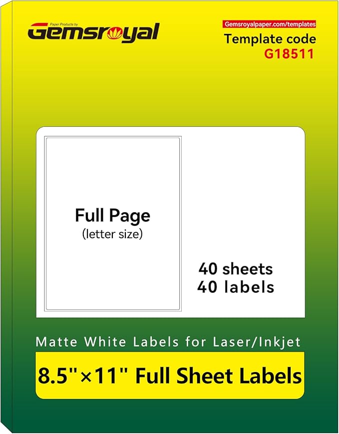 Gemsroyal 8.5"×11" Full Sheet Shipping Labels Printable,8.5×11 inch White Matte Address Label Stickers for Laser/Inkjet Printer,Full Page Large Mailing Sticker Paper, 40 Blank Labels in Total