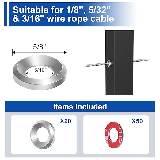 BLIKA 20Pack Cable Railing Adhesive Sleeves for 1/8" 5/32" 3/16" Wire Rope Cable, T316 Stainless Steel, 2.8mm Thickness Cable Railing Protector Adhesive Sleeves for Deck Stair Cable Railing Post Kits