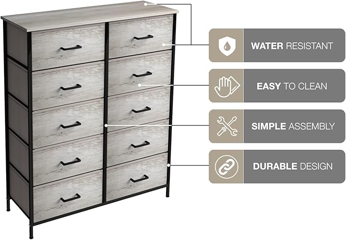 Sorbus Dresser with 10 Faux Wood Drawers - Chest Organizer Unit with Steel Frame Wood Top & Handle Easy Pull Fabric Bins for Clothes - Storage Furniture for Bedroom, Hallway, Living Room & Closet