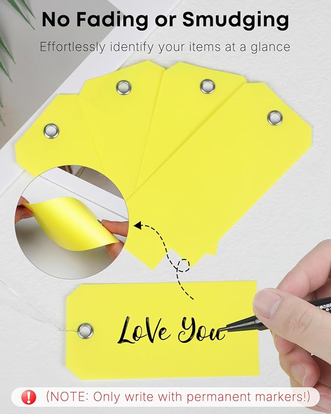 Uniclife 120 Pcs Yellow Plastic Tags for Labeling 4.7"x 2.36" Plastic Shipping Tag with Wire Writable Waterproof Tag Price Tags with Reinforced Eyelet Blank Hang Label for Luggage