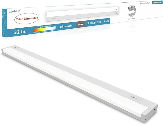 Leetdud LED Under Cabinet Lighting Hardwired or Plug in, 32 Inch 16W, Dimmable 5 Color 2700K/3000K/3500K/4000K/5000K, Linkable Eyes Care Design Counter Lights for Kitchen, Sink, ETL Listed, White