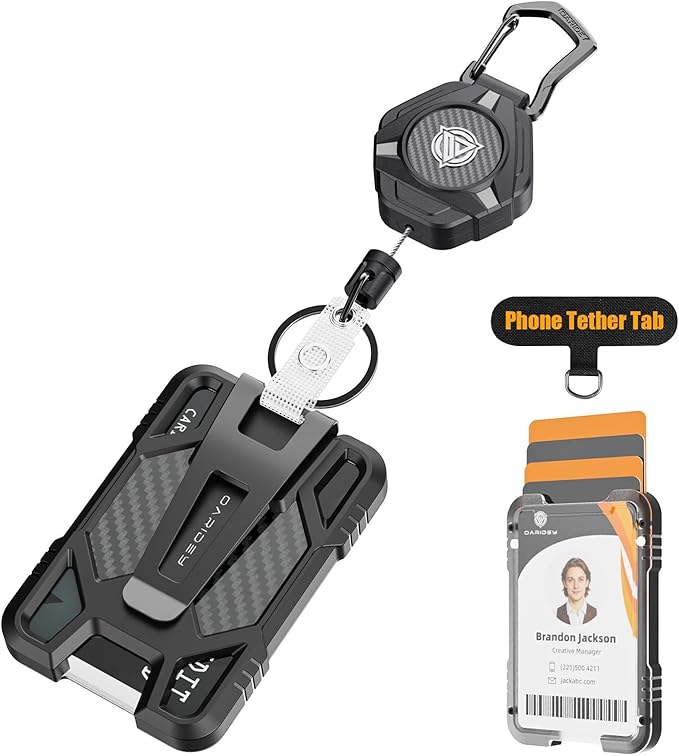 Oaridey Retractable Badge Holders, Magnetic Retractable Keychain with Carbon Fiber ID Card Holder (Holds 5 Cards), Heavy Duty Badge Reel with Phone Tether Tab, for Work and Daily Use
