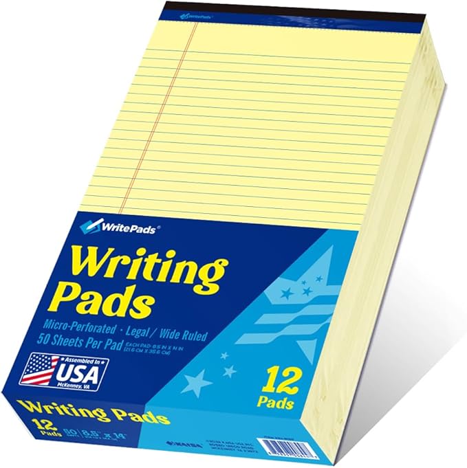 WritePads Legal note pads 8.5"x14" Legal Pads,Wide Ruled,Canary Paper,12 Pack,50 Sheets Per Writing Pad,Micro perforated Writing Pad,BL-LCY50W-12PAD