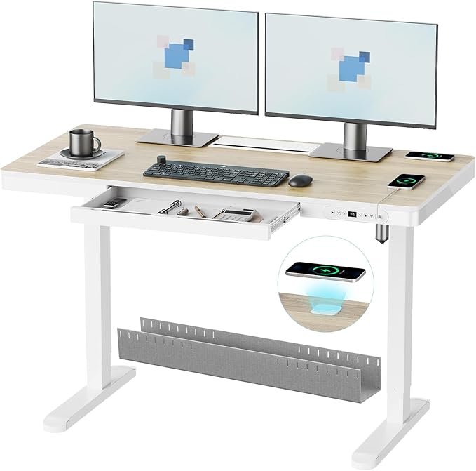 ERGO COLLECT Electric Standing Desk 48 Inch - One-Piece Desktop with Drawer, Cable Management, Wireless Charging & USB Port, Quiet Motor - for Home Office, Light Wood