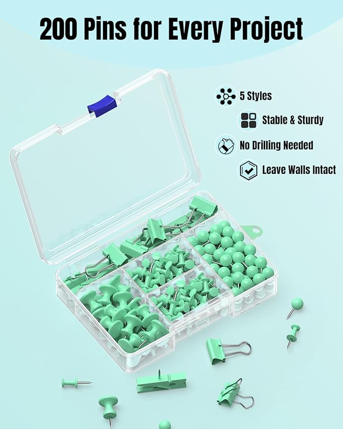 Uniclife 200 Pcs Thumb Tacks for Wall, Green Push Pins for Bulletin Board & Cork Board, Decorative Push Pins, Cute Thumbtacks Hooks Set for Pictures, Photos, Art & Decor, 5 Styles