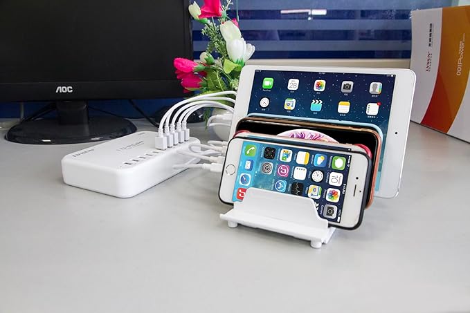 UDOLI Adjustable Universal Cell Phone Dock Stand Holder, Tablet Organizer Multi Device Desktop Stand for iPhone Samsung Galaxy Google Nexus Kindle - No Charging Port (White)