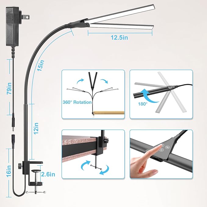 Hensam Desk Lamp for Home Office, Double Head Desk Light with Clamp, Dimmable 5 Color Modes Task Lighting, Eye-Caring Architect Table Lamp for Workbench, Dual Monitor, Study, 1400lm