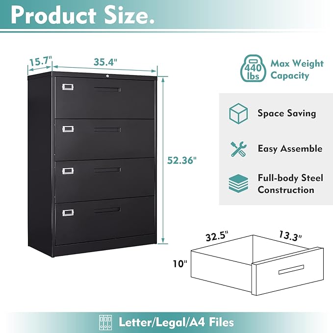MIIIKO 4 Drawer Lateral File Cabinet with Lock, White Lateral Filing Cabinet, Large Deep Drawers Locked by Keys, Metal Storage File Cabinet for Hanging Files Letter/Legal/F4/A4 Size