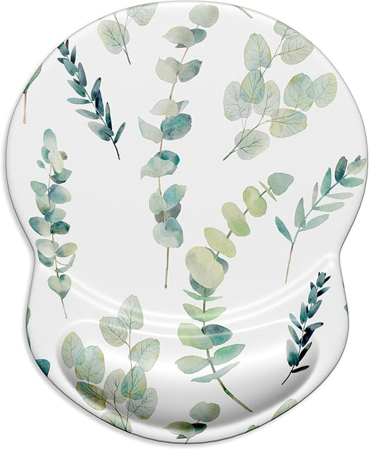 ITNRSIIET Ergonomic Mouse Pad with Gel Wrist Support Small Wrist Rest Smooth Surface Non-Slip PU Base Comfortable Office Supplies Pain Relief, 8.7 x 7.2 inches, Eucalyptus Branches