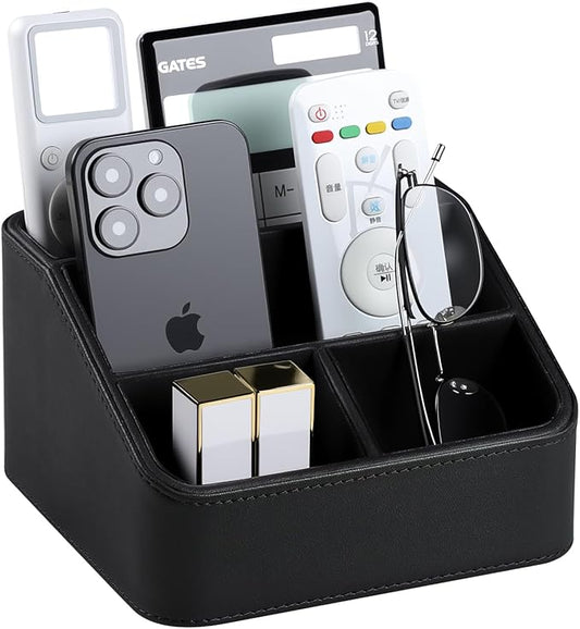 MEIBOOCH Remote Control Holder, PU Leather Small Desk Organizer with 4 Compartments, Nightstand Organizer Desk Caddy for Remote, Notepad, Phone, Glasses, and Accessories (Black)