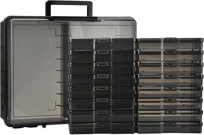 ALINK Photo Storage Box with Handle, 4" x 6" Photo Organizer Storage Container with 16 Inner Case and 1 Sheet Label for Pictures, Arts, Crafts, Sewing, Stickers, Seeds, Office Supplies - Black