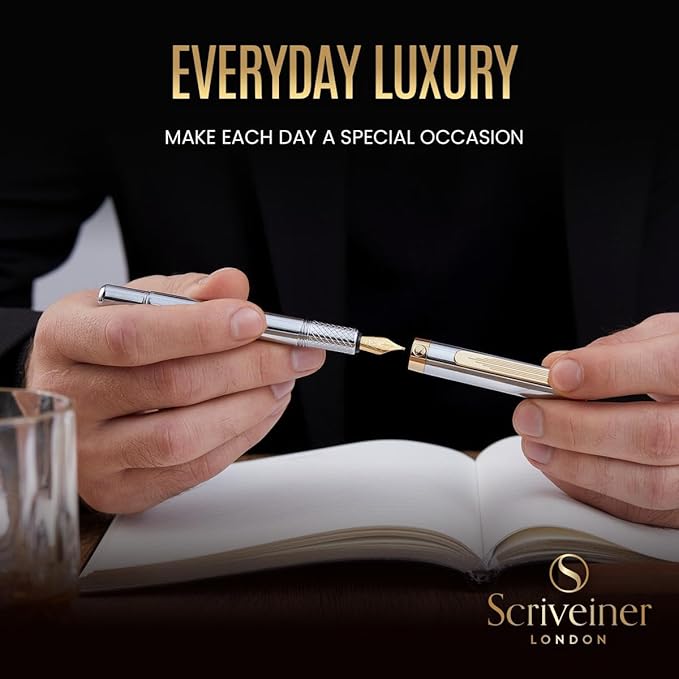 Scriveiner Luxury EDC Fountain Pen (Medium), Stunning Silver Chrome Luxury Pen, Real Gold Plating, Schmidt German Nib, Converter, Writing Gift Set for Men & Women, Nice Fancy Office Designer Pen