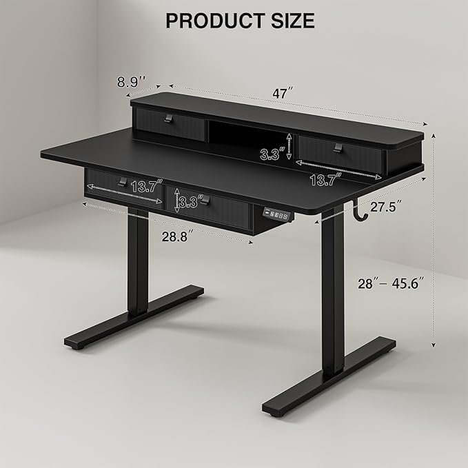 Grandder 47 x 28 inch Electric Standing Desk with 4 Drawers, Sit Stand Up Desk Adjustable Height with Storage Shelf for Home Office Ergonomic Adjustable Desk with Splice Board, Black