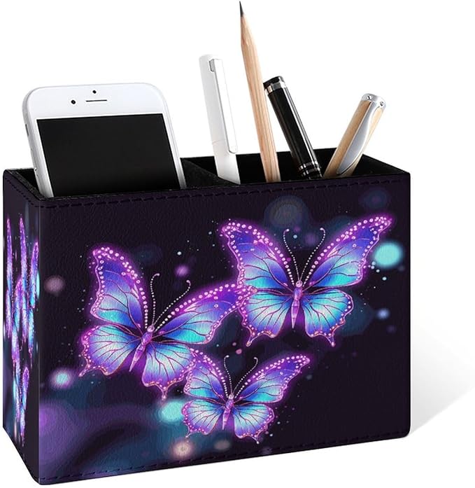 Famame Flying Butterflies Purple Pencil Holder for Desk, Leather Desktop Container Pen Cup Storage Study Table Pen Organizer Makeup Brush Holder for Classroom Office Home