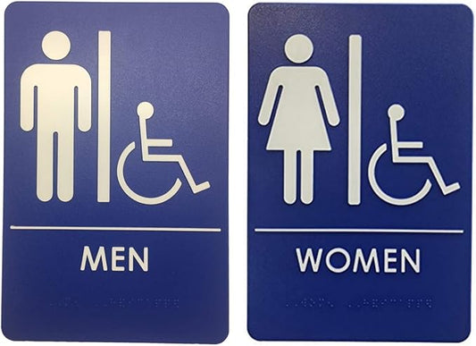 USA Made - Men's and Women's Restroom Signs ADA-Compliant Bathroom Door Signs for Offices, Businesses, and Restaurants, Black, Blue, Grey and Taupe/Tan Colors (Blue Handicap)