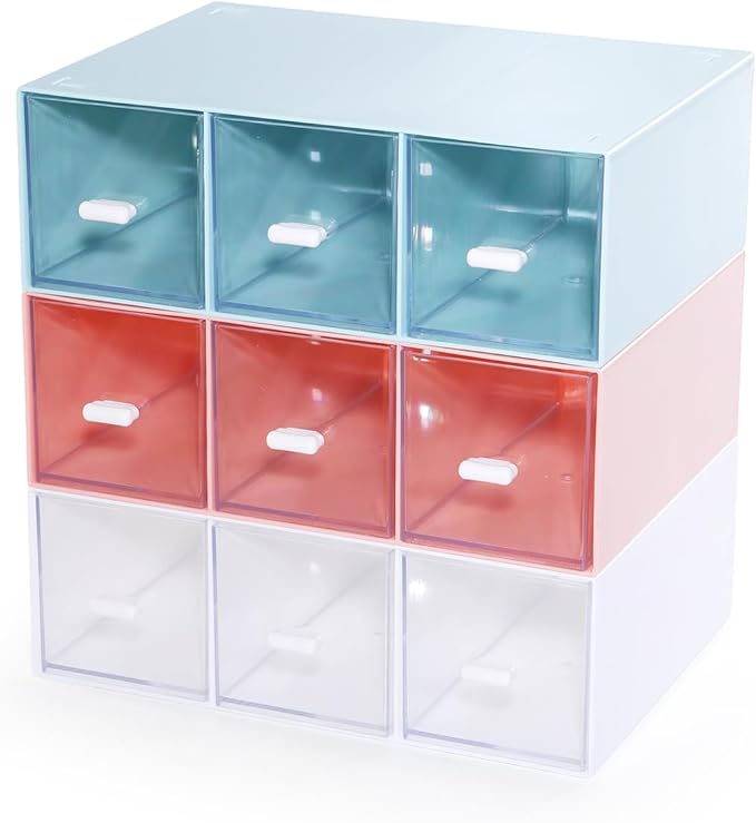 OSteed Desktop Drawers, Desk Organizer with 9 Drawers, Stackable Plastic Storage Box for Home Collection, Cosmetics, Jewelry, Office Supplies (3 Tiers, Mixed Colors)