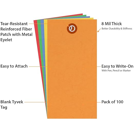 SmartSign (Pack of 100) 4.75 x 2.375 inch Multi Colored Blank Tyvek Shipping Tags with Metal Eyelets, Size #5, 8 mil Thick Tyvek