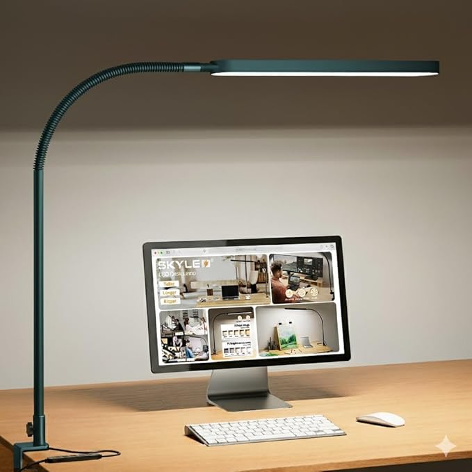 SKYLEO LED Desk Lamp - Desk Light for Home Office - Flexible Gooseneck - 5 Color Modes X 11 Brightness Levels - 1300LM - Timmer & Memory Function - 12W Clip on Light - Green