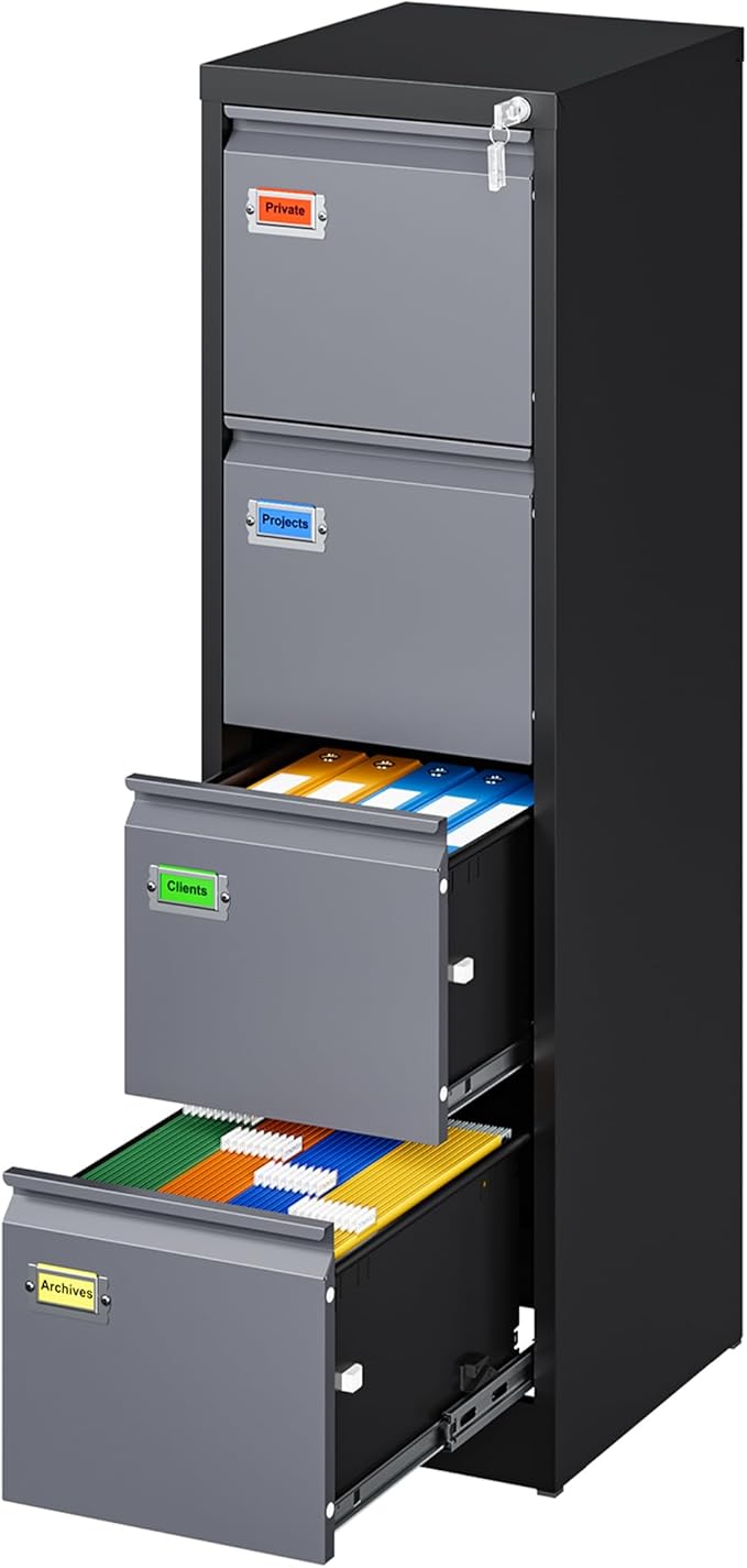 PEUKC 4 Drawer File Cabinet, Vertical Filing Cabinets with Lock, Metal File Cabinets for Home Office, Anti-Tip 4 Storage Drawers for Letter/Legal/A4/F4 Size (Assemble Required, Black)
