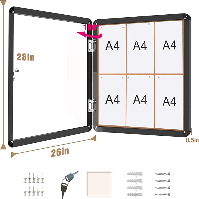 Mifuro 28"x26" Enclosed Bulletin Board, Lockable Weather-Resistant Aluminum Cork Noticeboard for School & Office, Black Frame w/Cork