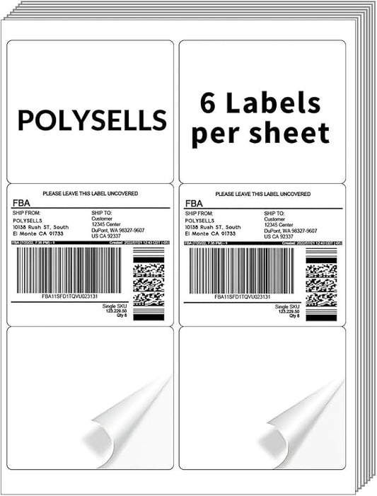 POLYSELLS Self Adhesive 3-1/3" x 4" Address Shipping Labels, 6UP White Sticker FBA Labels, Inkjet/Laser Printer Compatible, 6 Labels/Sheet, 500 Sheets/3000 Labels