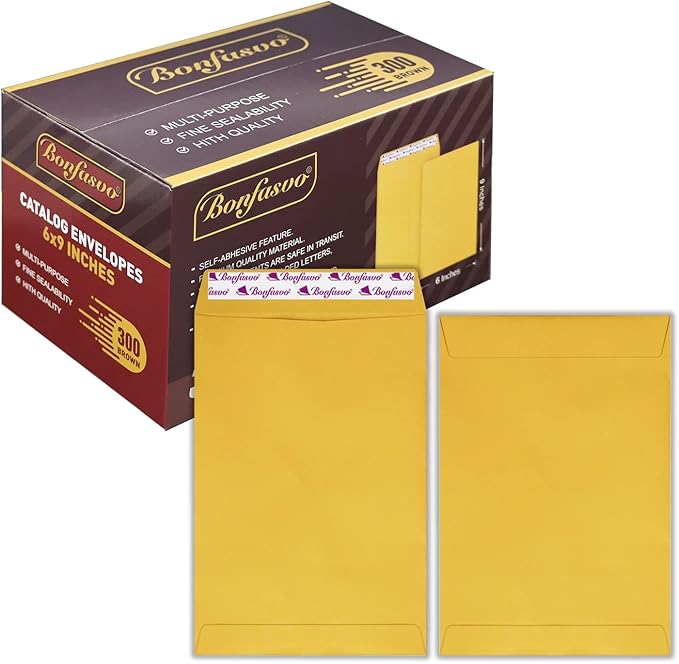 Bonfasvo 300 Pack 6x9 Brown Catalog Envelopes Peel & Seal Security Mailing Envelopes 120GSM Kraft Paper self Seal Envelopes for Invitations Papers Photos Documents Pictures Papers Files