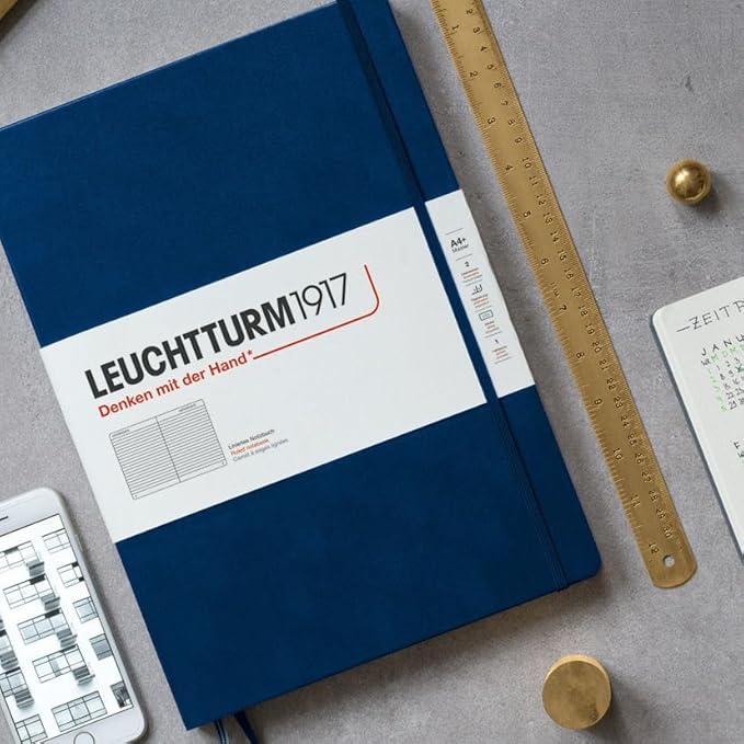 LEUCHTTURM1917 - Notebook Hardcover Master Slim A4+ - 123 Numbered Pages for Writing and Journaling (Navy, Ruled)