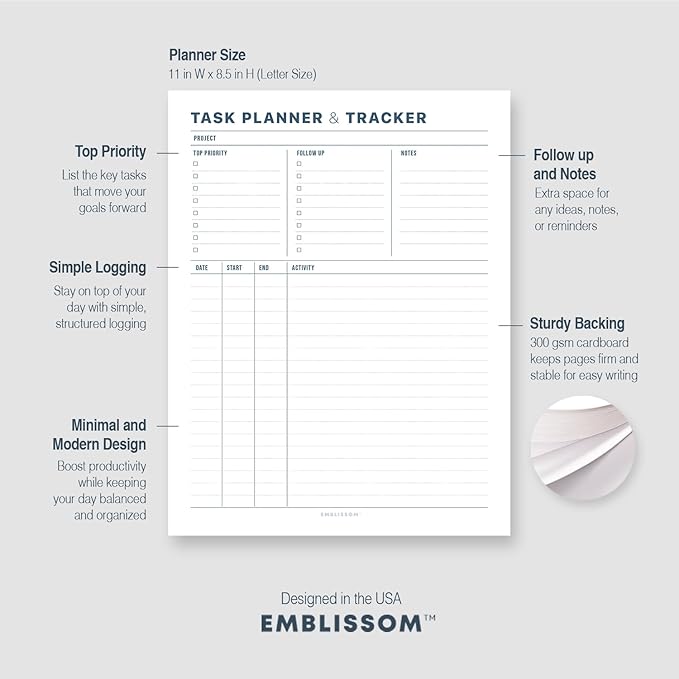 Task Planner & Tracker 8.5 x 11 Tear-Off 70 Sheet Planner Pad – Project Organizer with Time Log, Top Priority, Follow-Up – Notepad for Home & Office (White, Minimalist, 2 Pack)