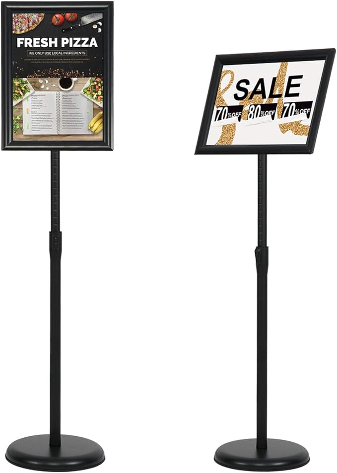 VAIIGO 8.5 x 11 Inch Adjustable Pedestal Sign Poster Stand, Heavy Duty Floor Standing Sign Stand Aluminum Snap Open Display Frame for Vertical and Horizontal View Sign Displayed(Black)