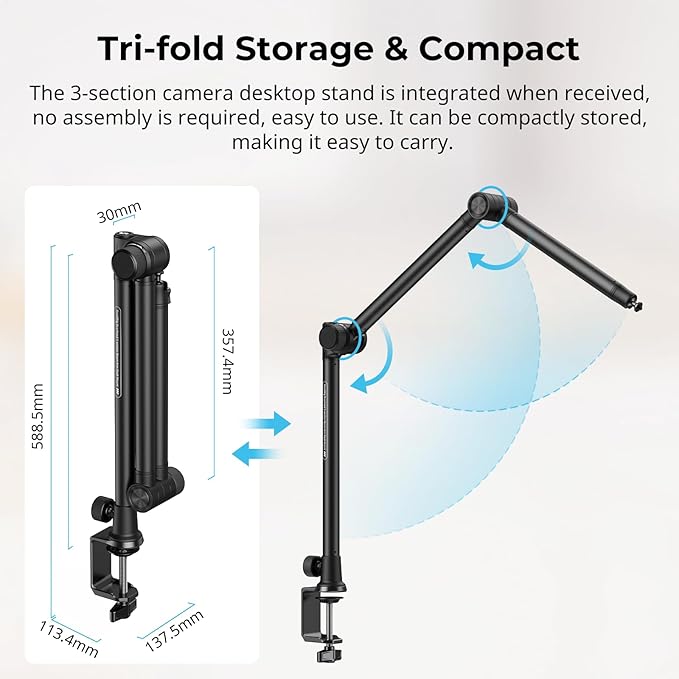SMALLRIG Overhead 3-Section Desktop Camera Bracket, Damping Boom Arm Desk Mount with 360 Rotatable Ball Head, Tabletop C Clamp, Max Load to 4.4lbs / 2kg for Photography Videography Live Stream