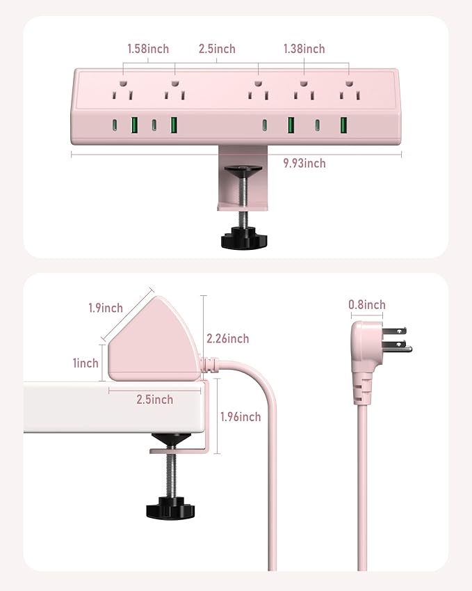 Jgstkcity Desk Clamp Power Strip,45W Fast Charging Station,4 USB-C,4 USB-A,1200J Surge Protector,ETL Listed,1875W Extension Cord,Multiple Outlets for Home, Office (Pink, 10 FT Cable)