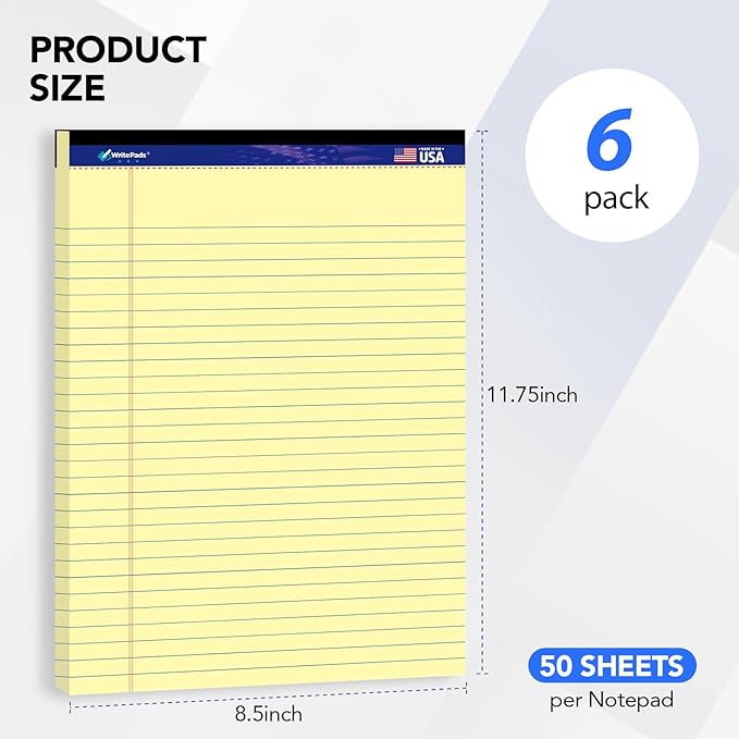 WritePads Legal Pads 8.5 x 11,Wide Ruled Note Pads, Canary, 6-Pack, 50 Sheets, Sturdy back, No Bleeding Micro-Perforated Writing Pads for School Office, Made in the USA