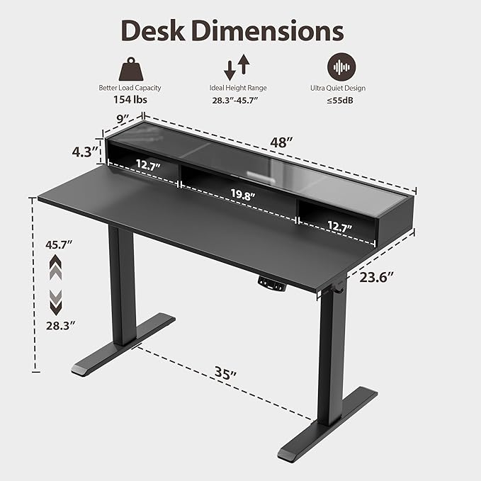 Agilestic Glass Standing Desk with Storage, 48 Inch Electric Adjustable Desk with Glass Shelf, Sit Stand Up Home Office Computer Table, Splice Board, Black