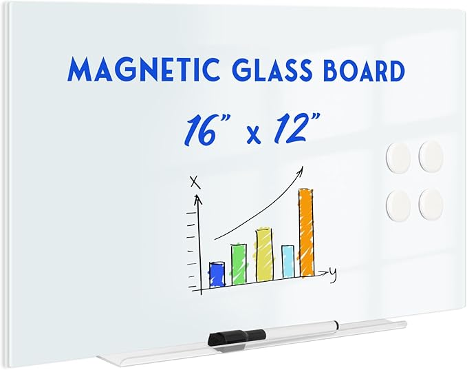 Magnetic Glass Whiteboard for Wall, 16" x 12" Glass Dry Erase Board, Large Frameless White Board for Home and Office - Normal White