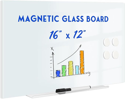 Magnetic Glass Whiteboard for Wall, 16" x 12" Glass Dry Erase Board, Large Frameless White Board for Home and Office - Normal White