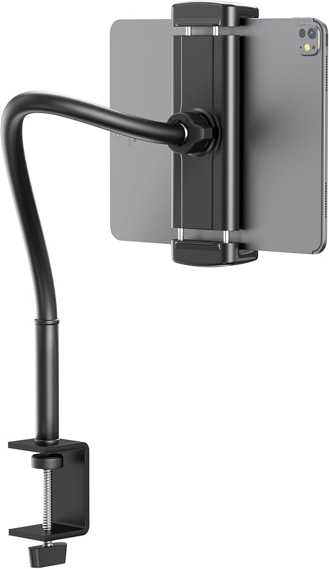 TeQable Tablet Stand for Desk, Gooseneck iPad Holder Clamp Mount, 360° Adjustable Arm Mount for iPad Pro/Air/Mini, Kindle Fire, Galaxy Tabs, 4.7"-13.5" Tablets, for Kitchen, Work, Video Call, Bed
