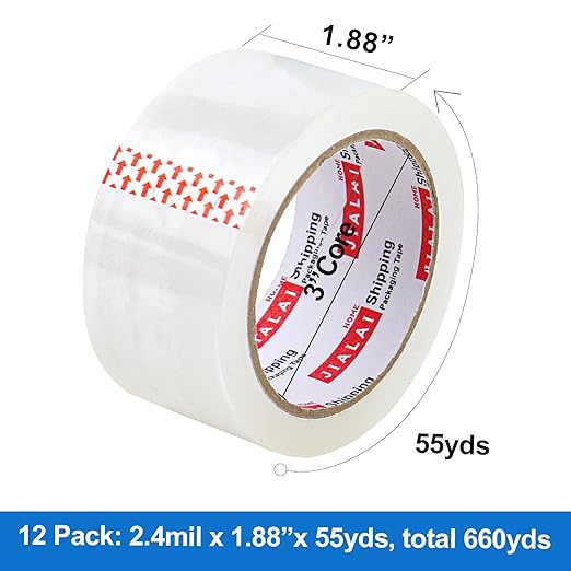 JIALAI HOME 12 Rolls Clear Packing Tape, Heavy Duty Packaging Tape with Dispenser,1.88In x 55Yd,2.4Mil Thick Industrial Grade Transparent Tape Refills for Shipping,Moving,Sealing and storages